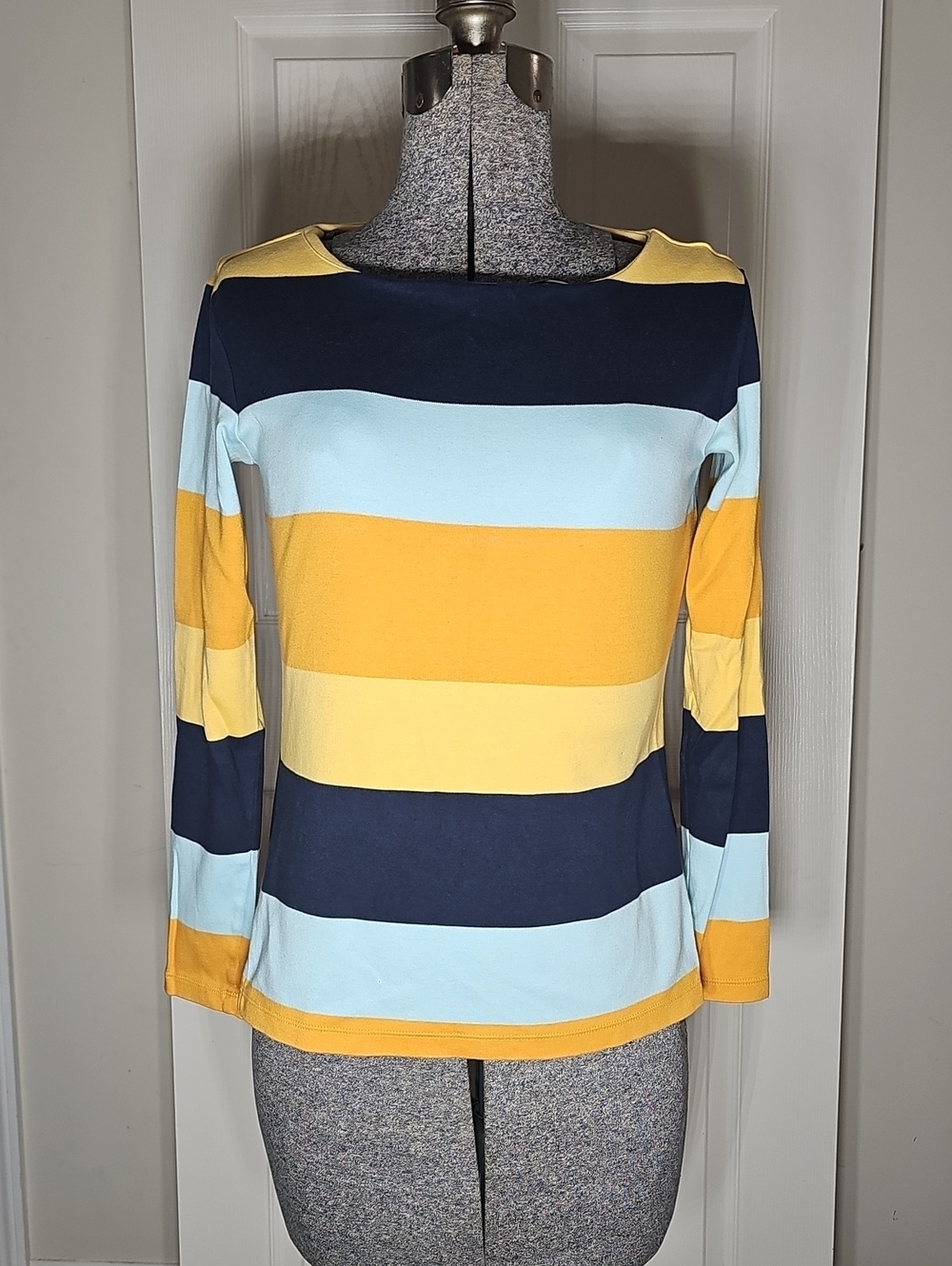 Brooks Brothers Striped Long Sleeve Boatneck Top Supima Cotton Navy Yellow XS